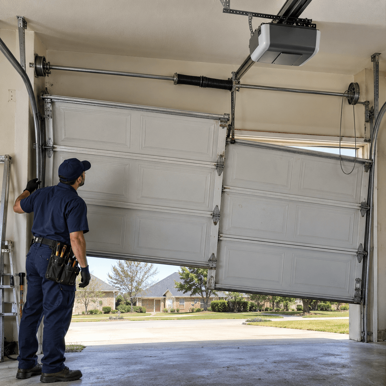 Crooked garage door movement caused by uneven lift cable tension in South Houston TX