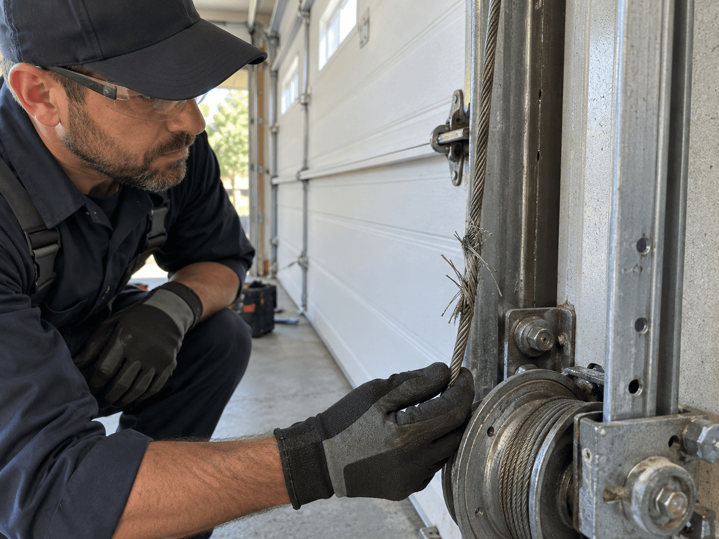 Frayed garage door lift cable with damaged steel strands requiring cable repair in South Houston TX