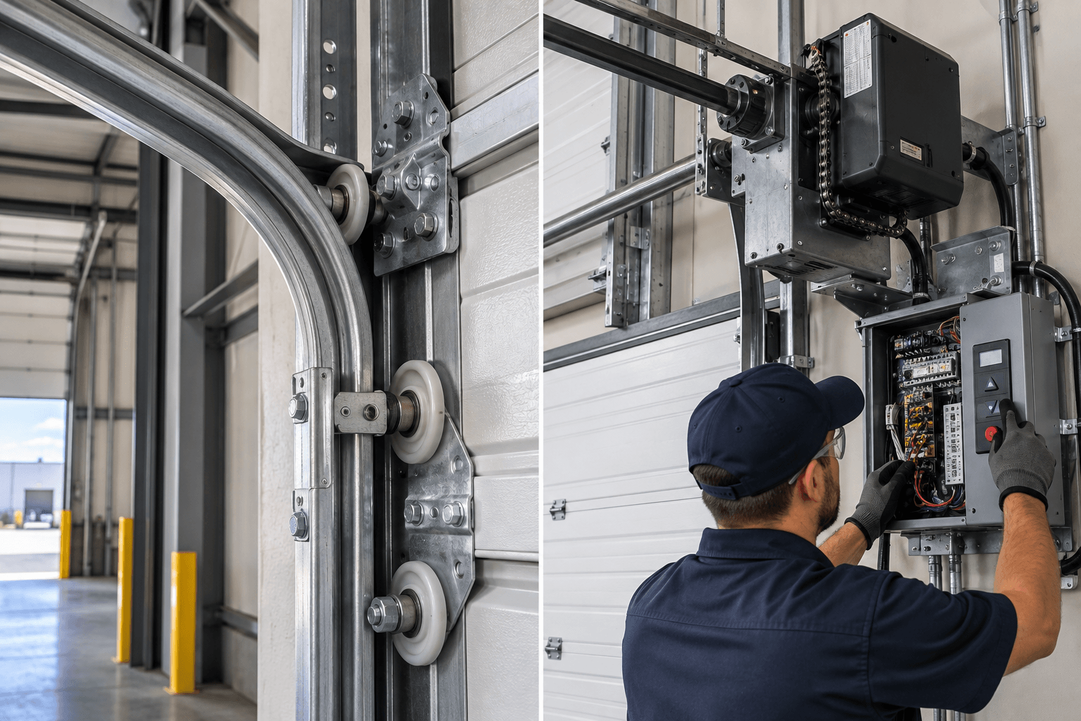 Commercial Garage Doors South Houston TX technician troubleshooting commercial overhead door operator controls wiring and drive system