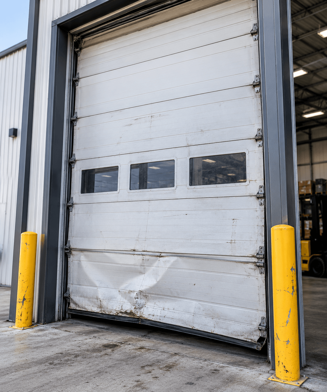 Damaged and dented commercial garage door before professional repair in South Houston TX
