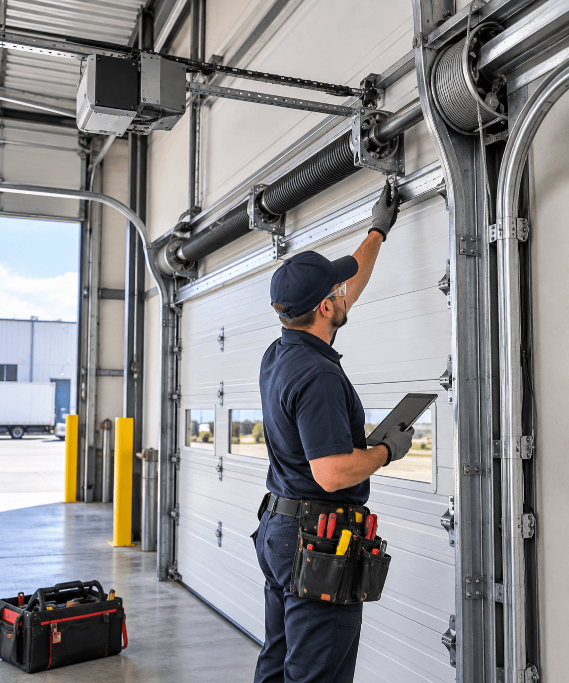 Commercial Garage Doors South Houston TX technician inspecting springs cables rollers tracks panels and operator during preventive maintenance