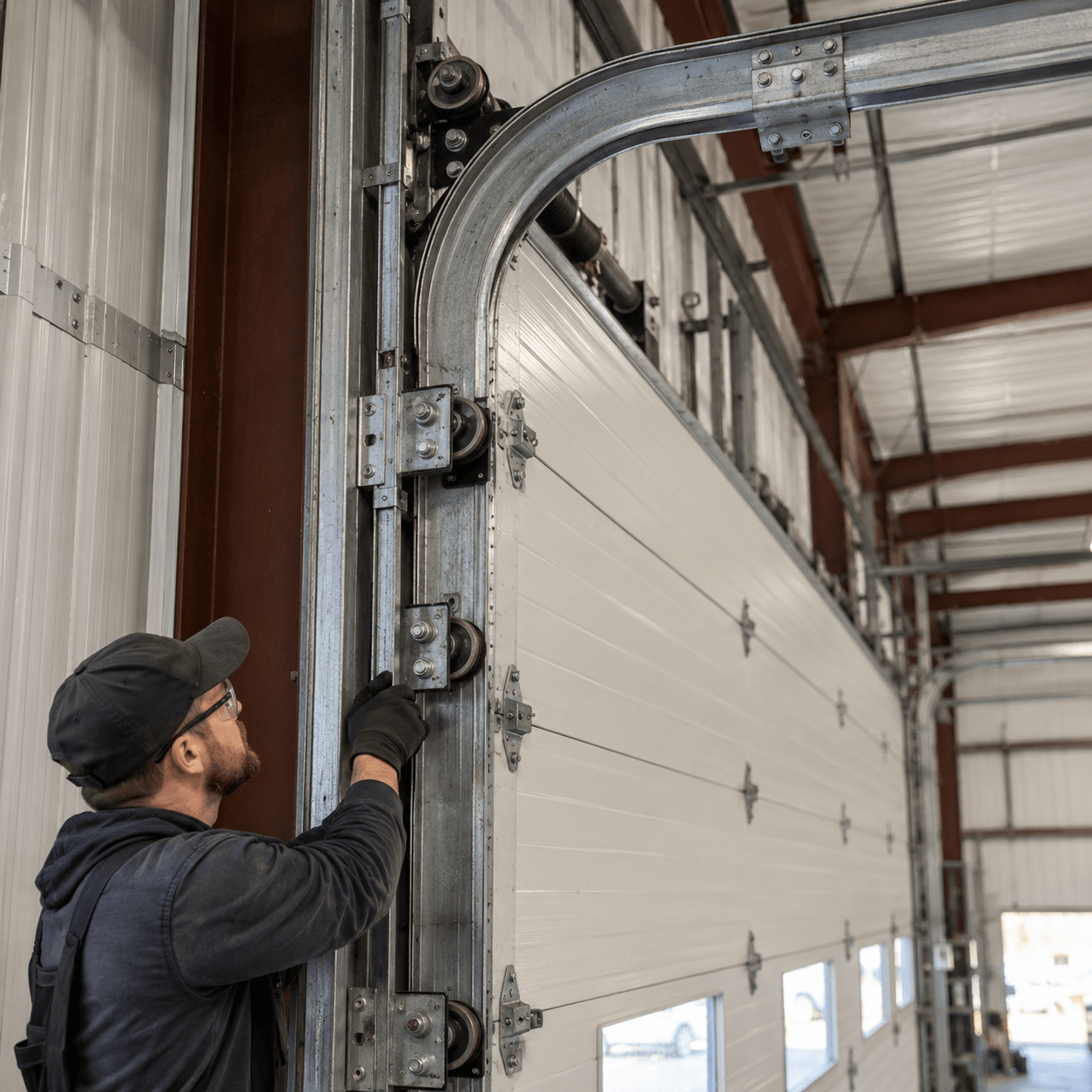 Commercial Garage Doors South Houston TX technician inspecting commercial garage door tracks rollers brackets and bearings