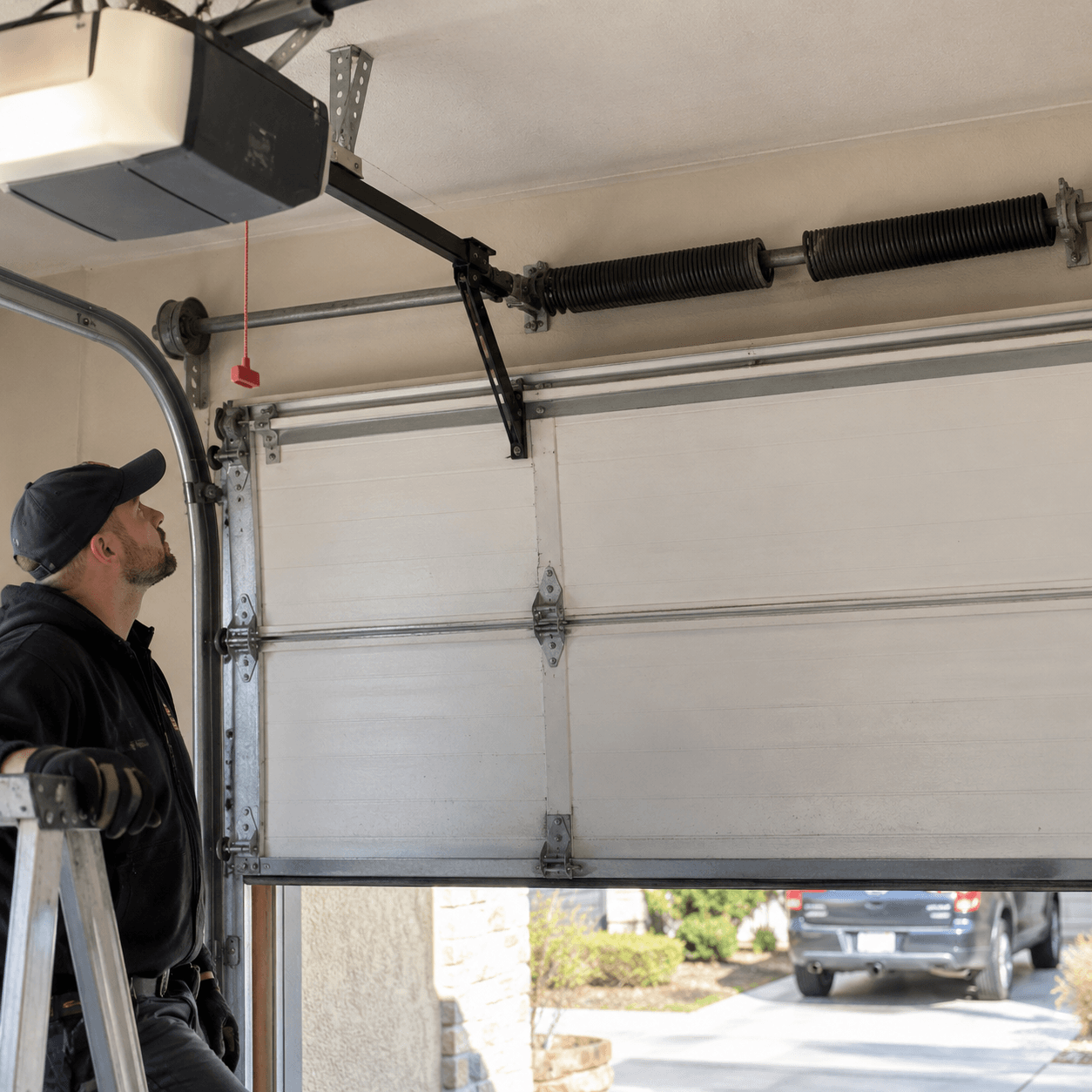 Broken torsion spring causing a heavy garage door and opener strain in South Houston TX