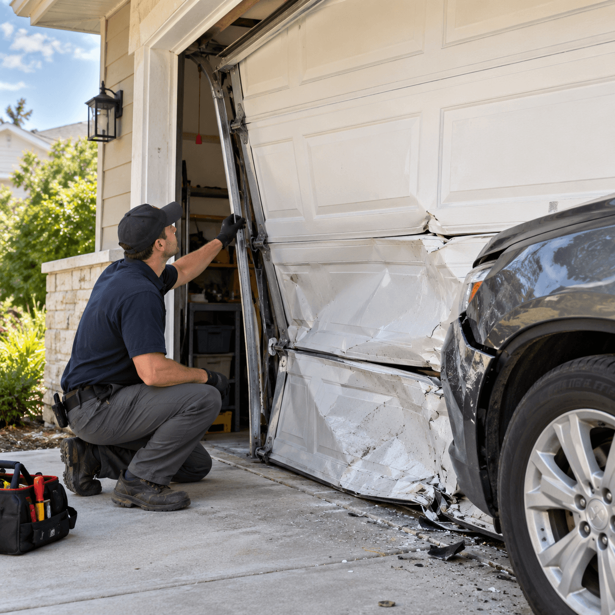 Emergency Garage Door Repair South Houston TX garage door with vehicle impact damage affecting panels rollers tracks and hinges