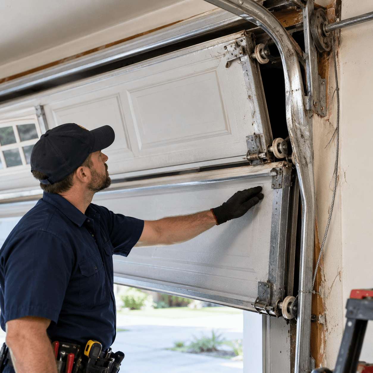 Emergency Garage Door Repair South Houston TX off-track garage door with damaged rollers tracks and lifting hardware