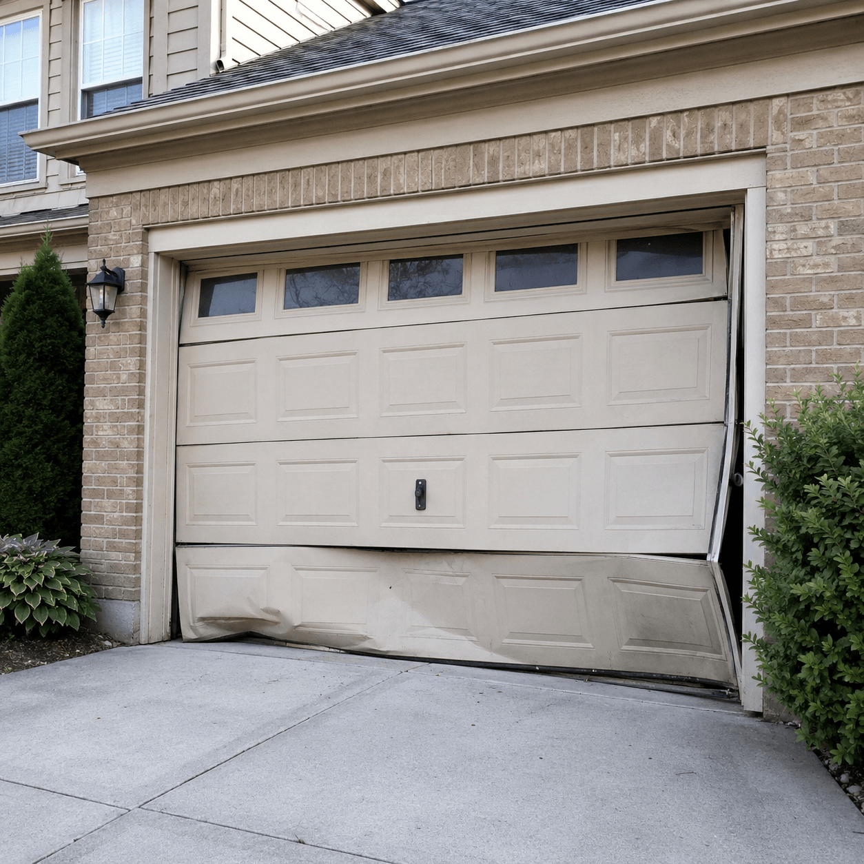 Damaged garage door before professional repair in South Houston TX