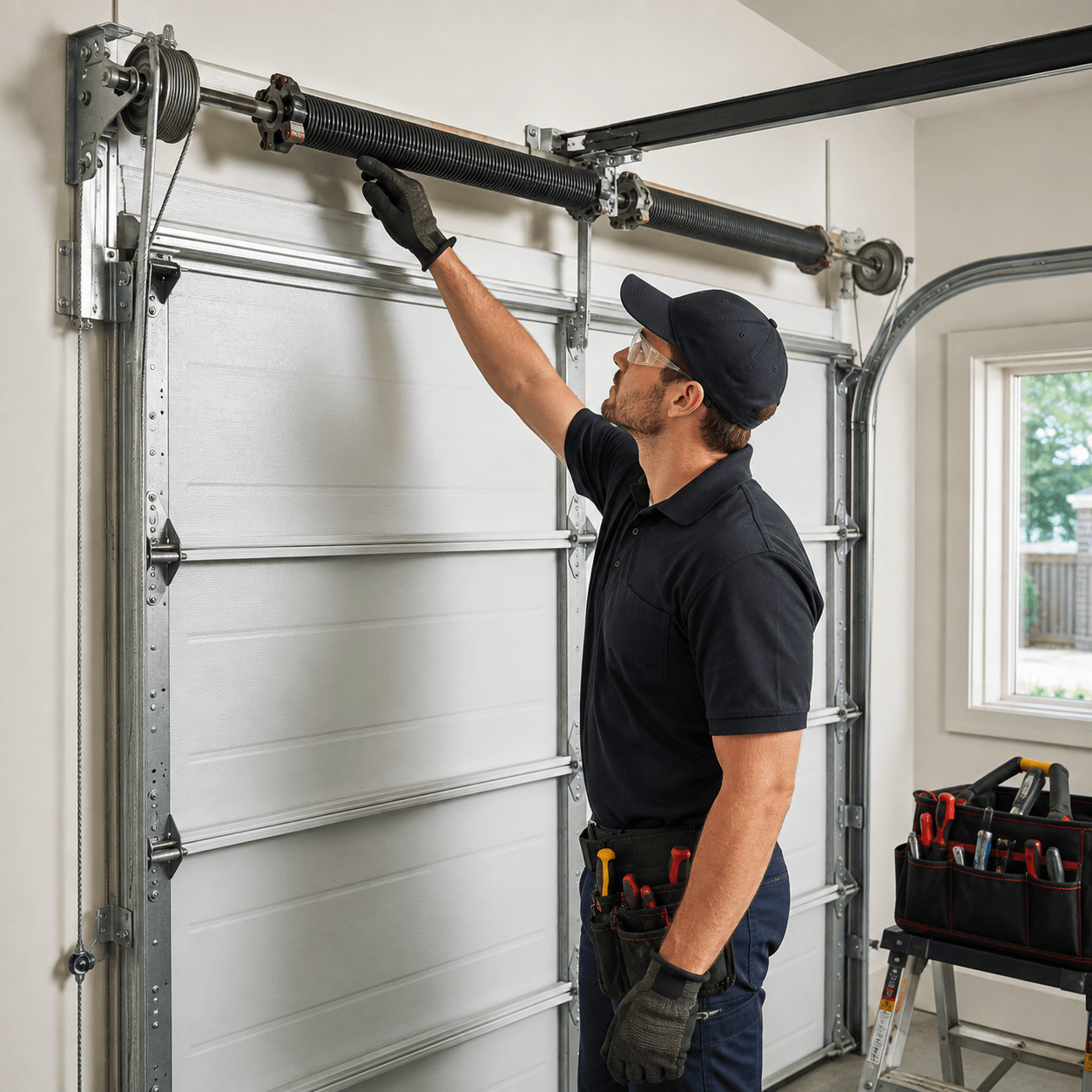 Garage door technician inspecting springs, cables, tracks and rollers on a residential garage door