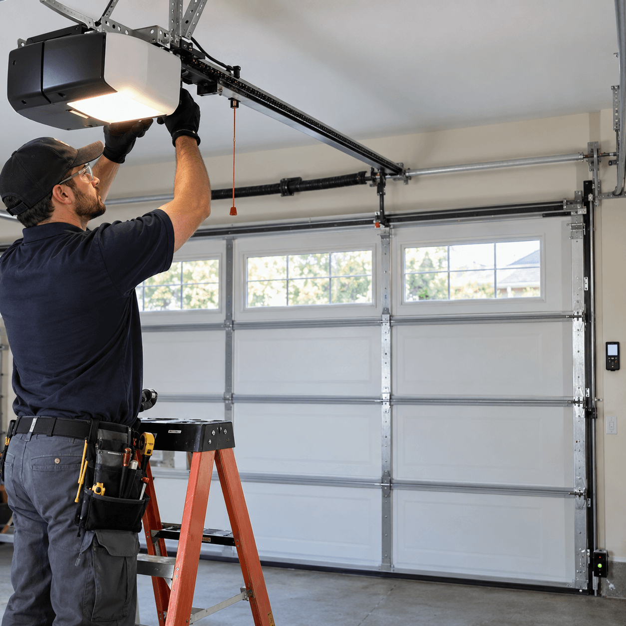 Garage Door Installation South Houston TX technician setting up garage door opener travel limits sensors remotes and controls