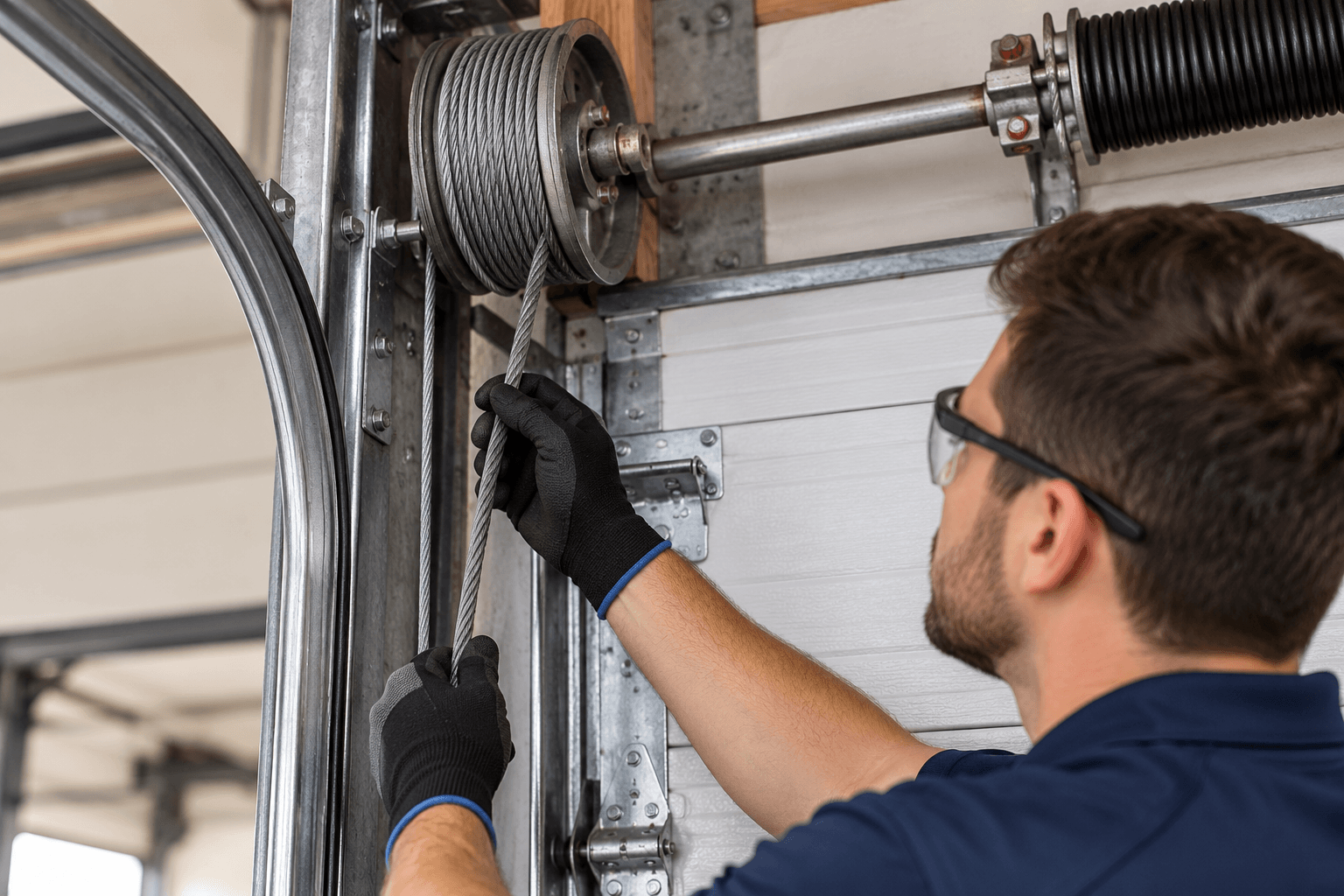 Garage Door Maintenance South Houston TX technician inspecting lift cables cable drums and cable routing