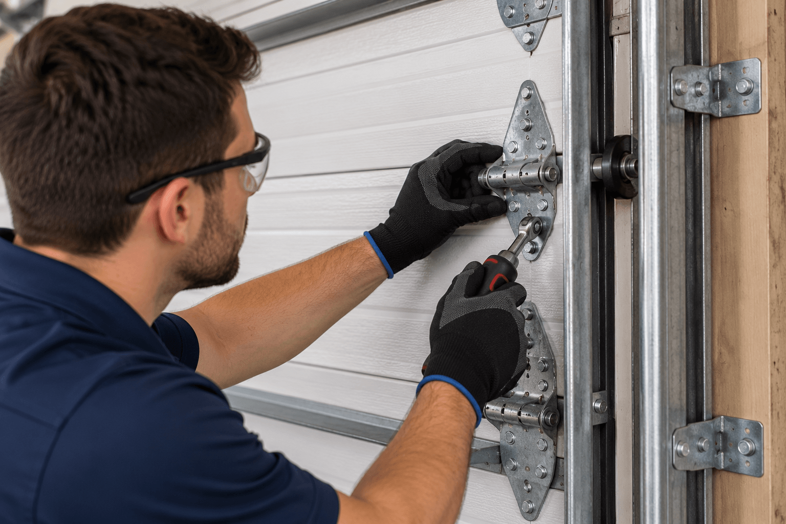Garage Door Maintenance South Houston TX technician inspecting hinges fasteners panel hardware and track brackets