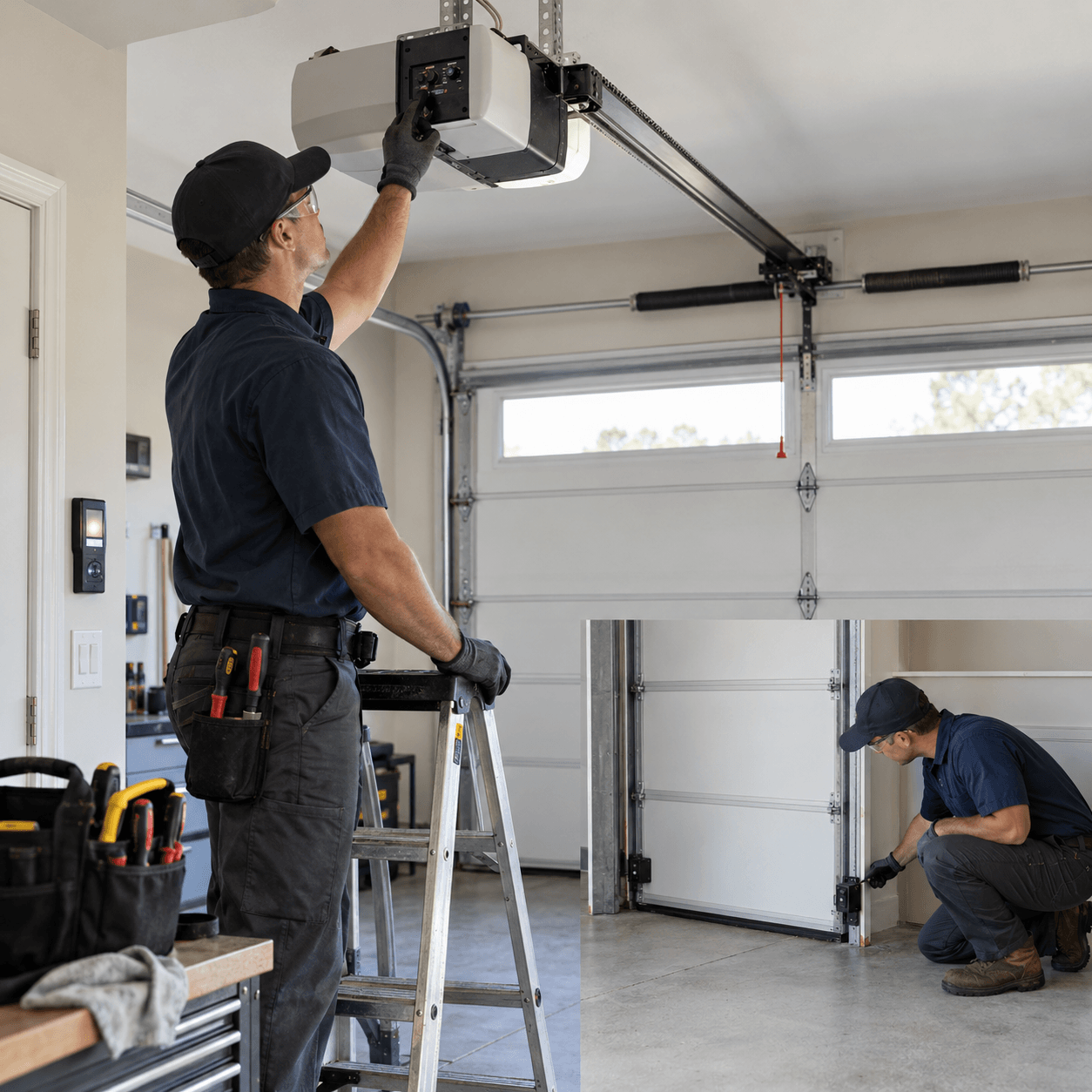 Garage Door Maintenance South Houston TX technician checking opener travel limits wall controls remote response and safety sensors