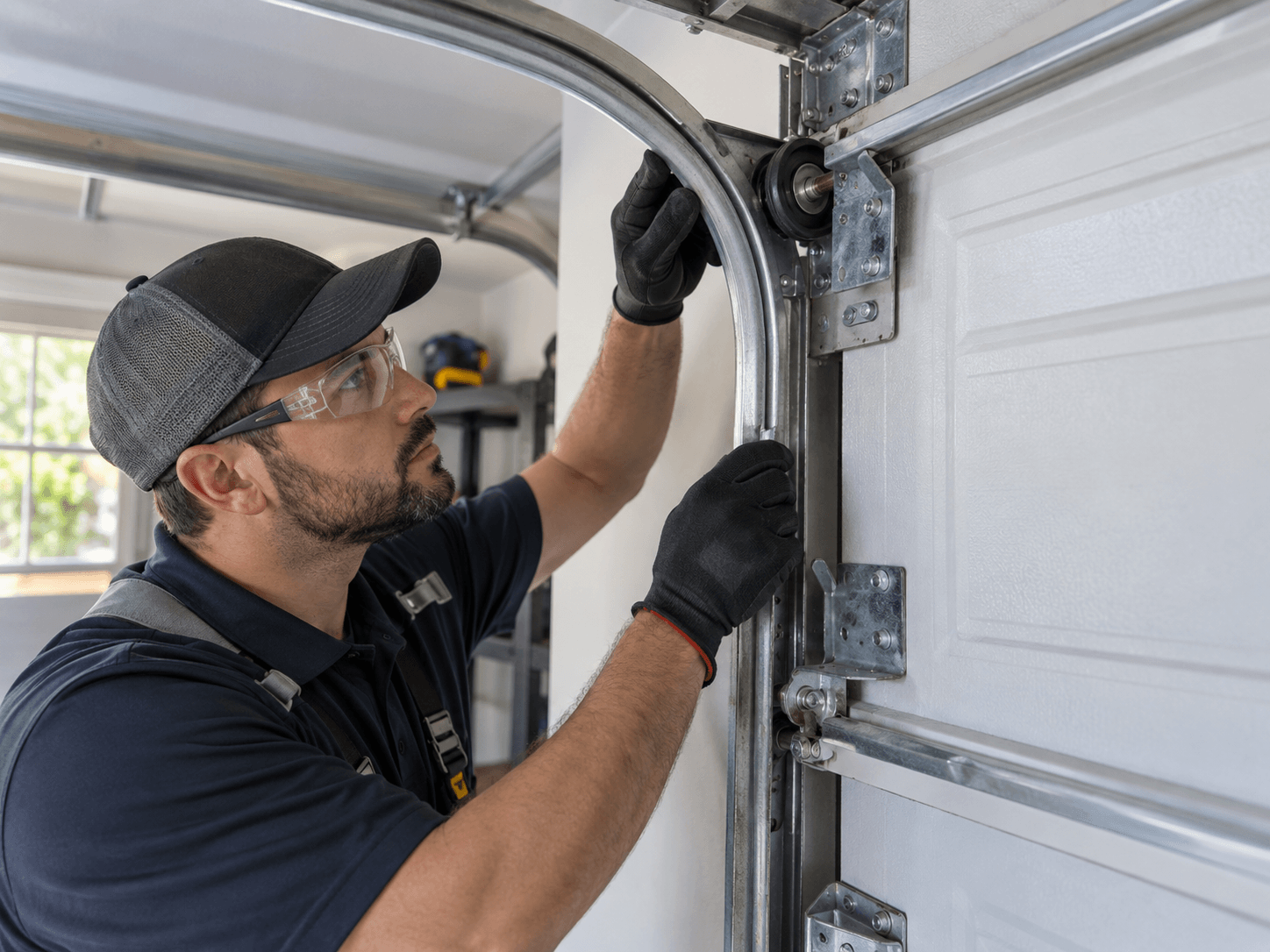 Garage Door Maintenance South Houston TX technician inspecting garage door rollers tracks brackets and alignment