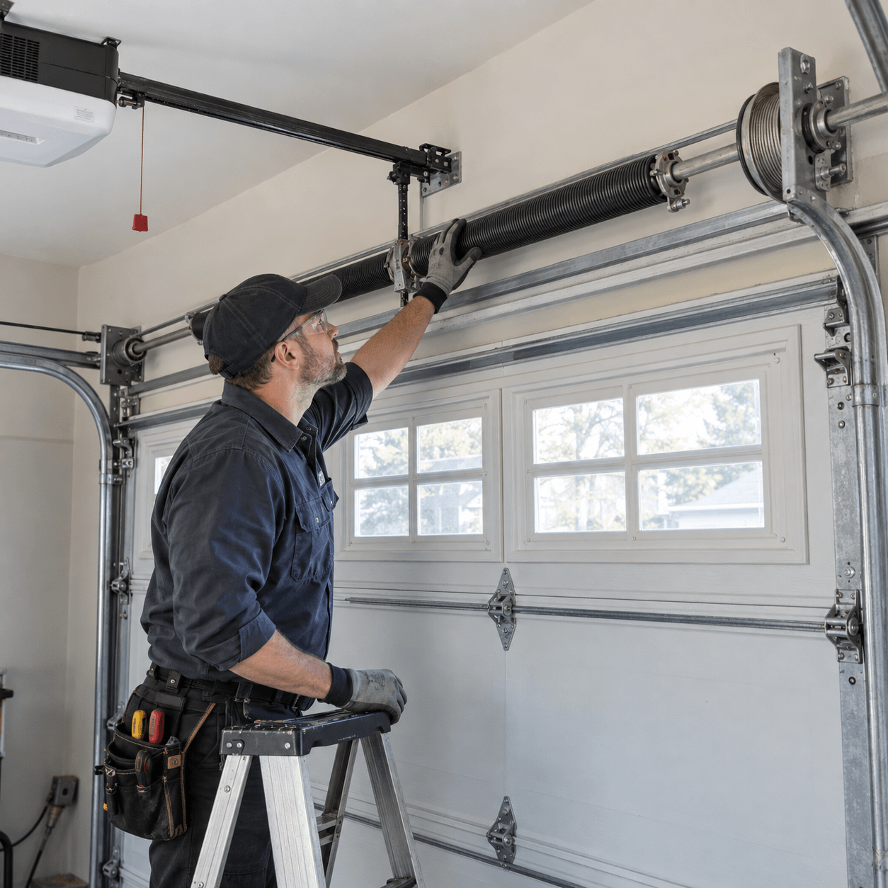 Garage Door Maintenance South Houston TX technician inspecting garage door springs and balance