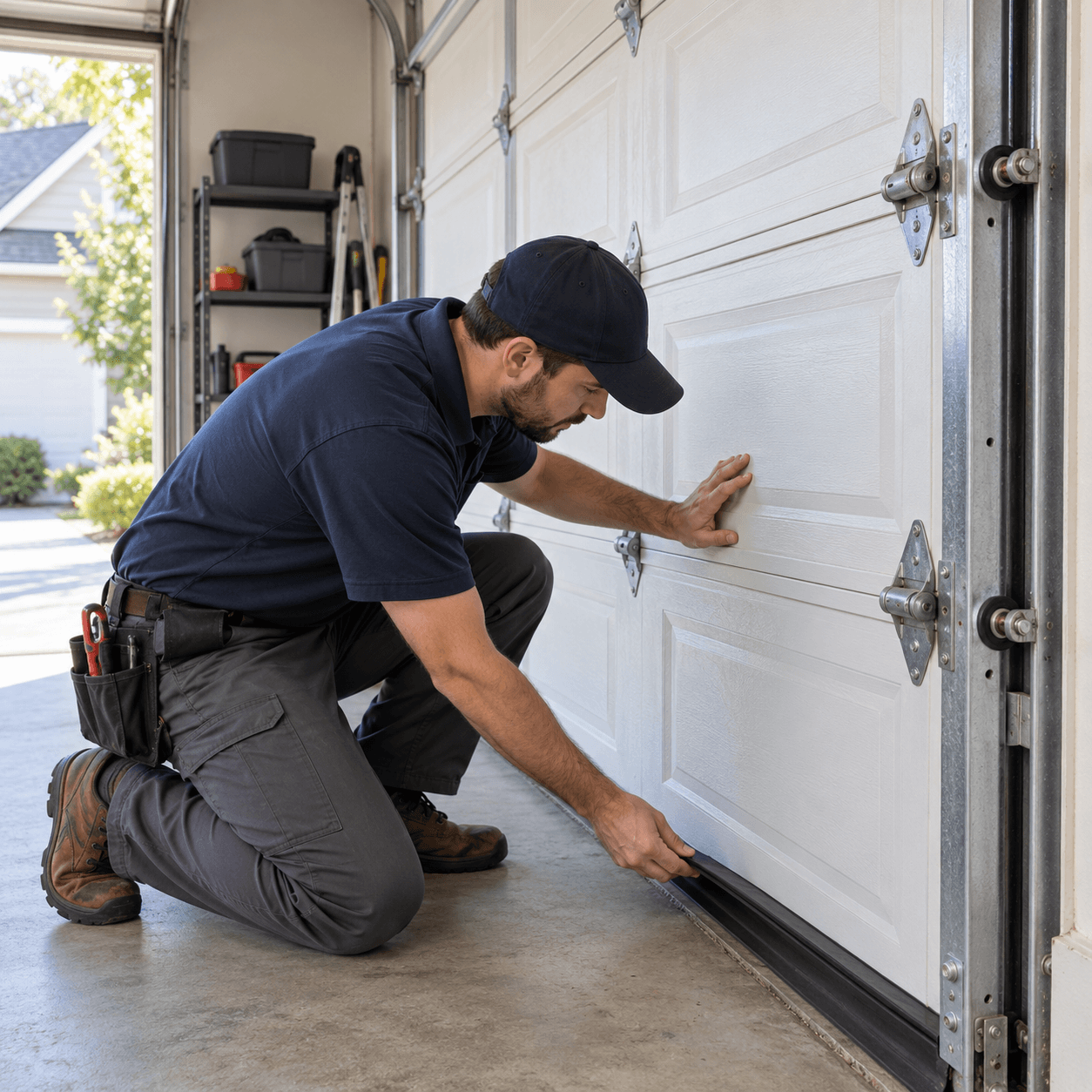Garage Door Maintenance South Houston TX technician inspecting bottom weather seal perimeter weatherstripping panels hinges and roller fixtures