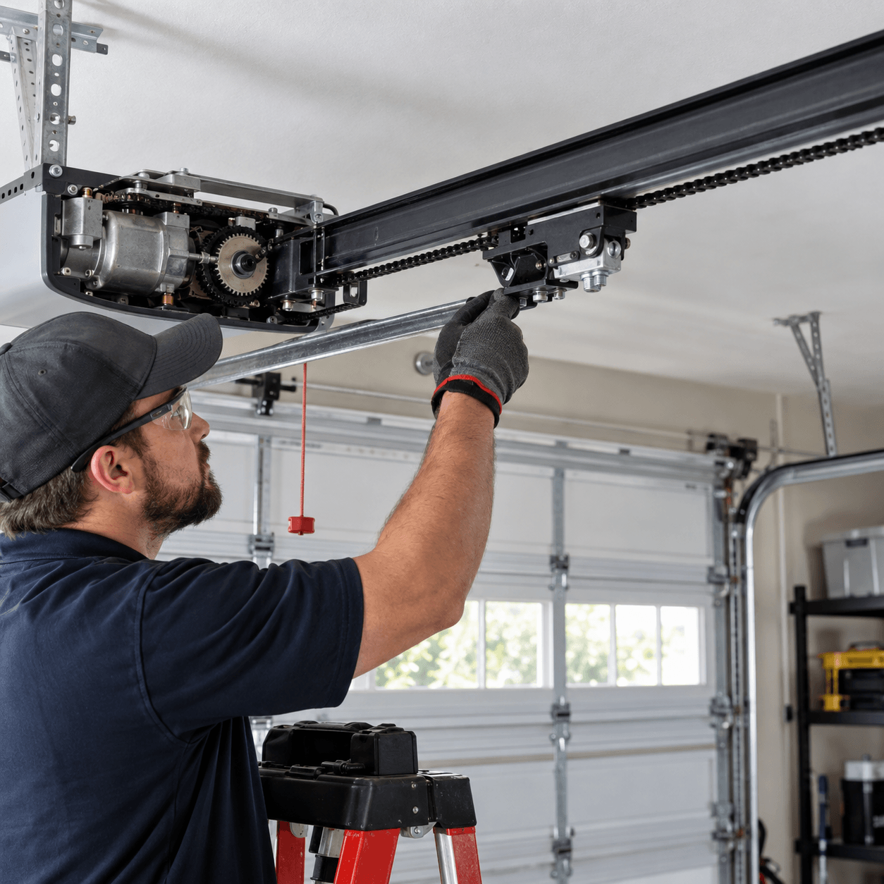 Garage Door Opener Repair South Houston TX chain belt drive gears sprockets trolley and opener rail system