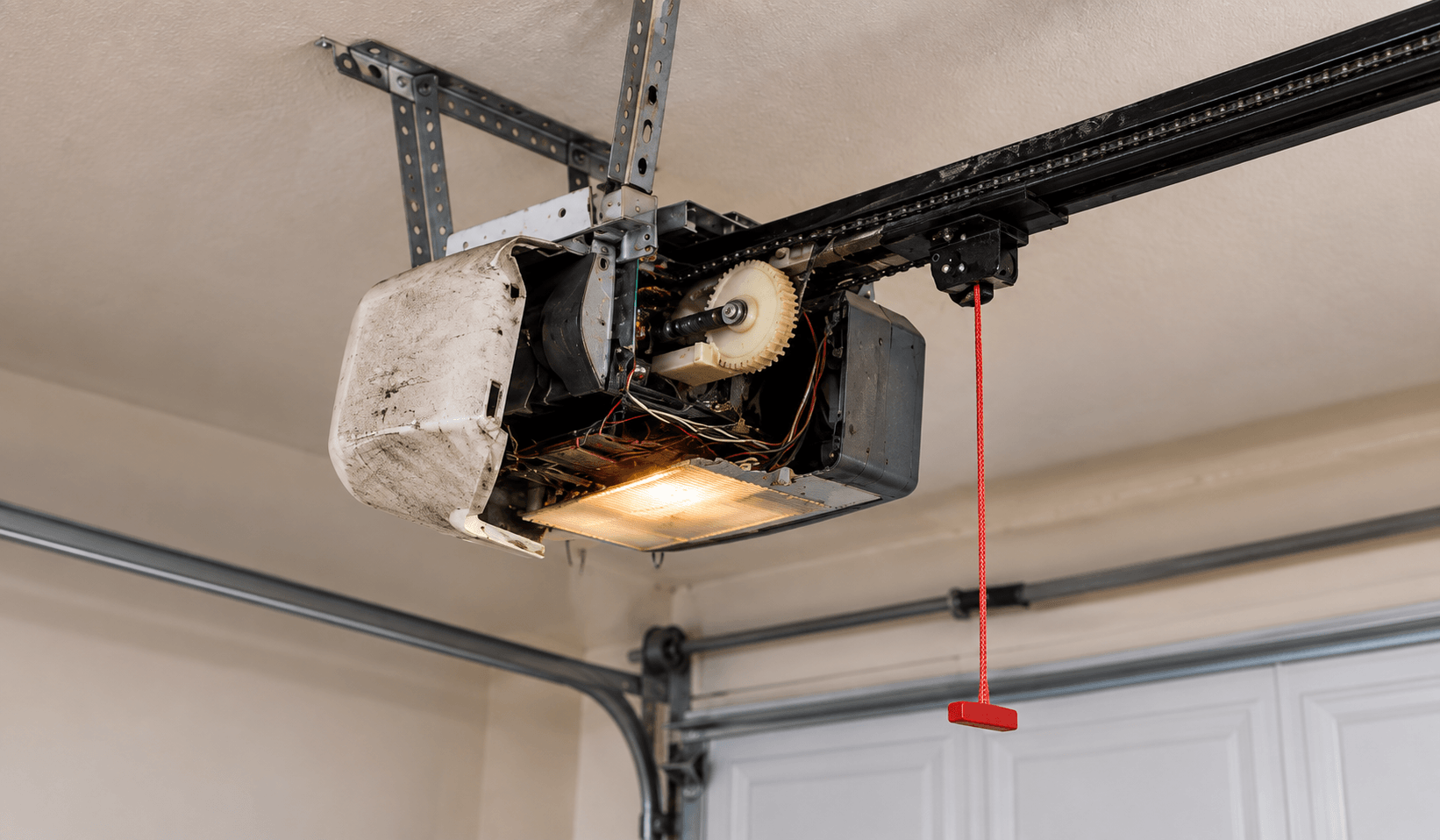 Damaged garage door opener with exposed internal components before repair in South Houston TX