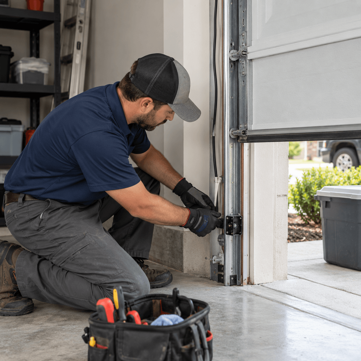 Garage Door Opener Repair South Houston TX safety sensors aligned near the garage door tracks