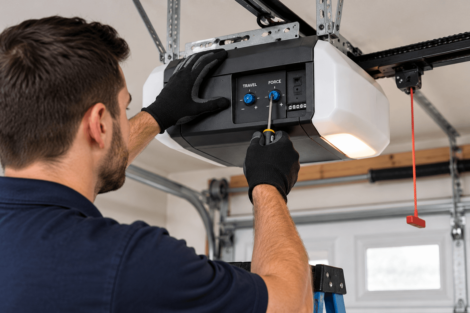Garage Door Opener Repair South Houston TX technician adjusting opener travel limits and force settings