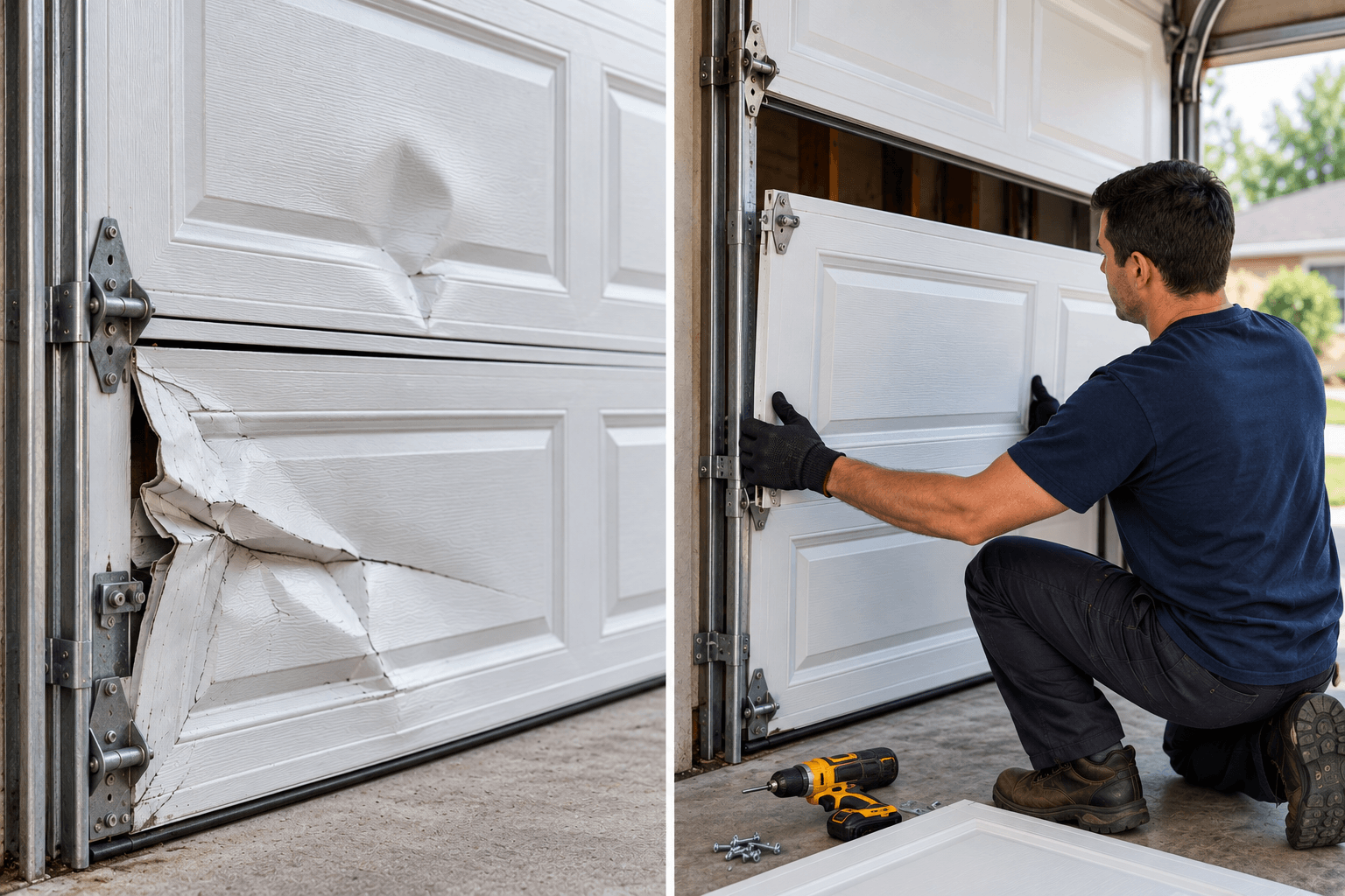 Garage door panel with cosmetic dent and structural damage affecting hinges and roller fixtures in South Houston TX