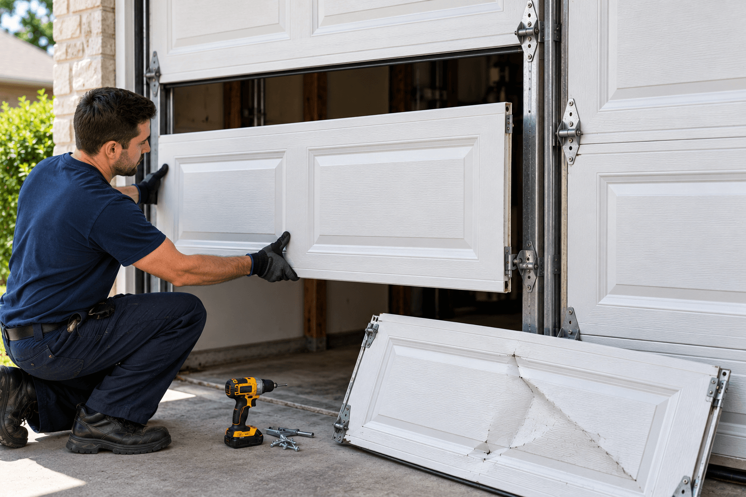 Individual garage door panel replacement matched to the existing sectional garage door in South Houston TX