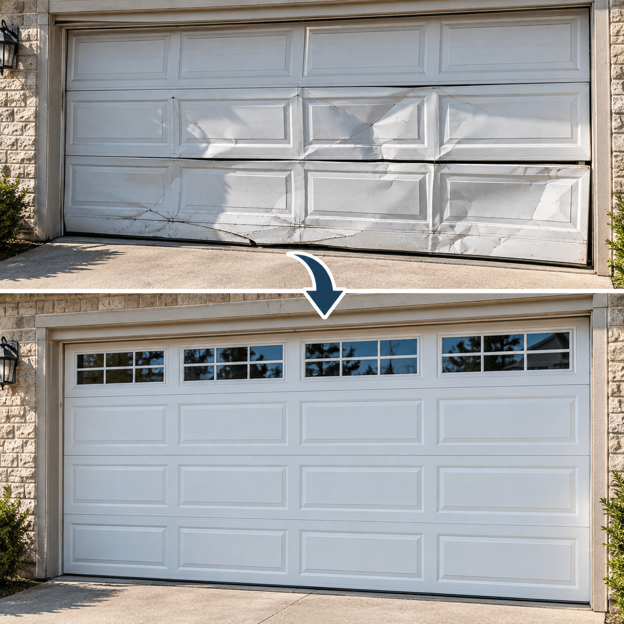 Garage door with multiple damaged panels being evaluated for panel repair or full door replacement in South Houston TX