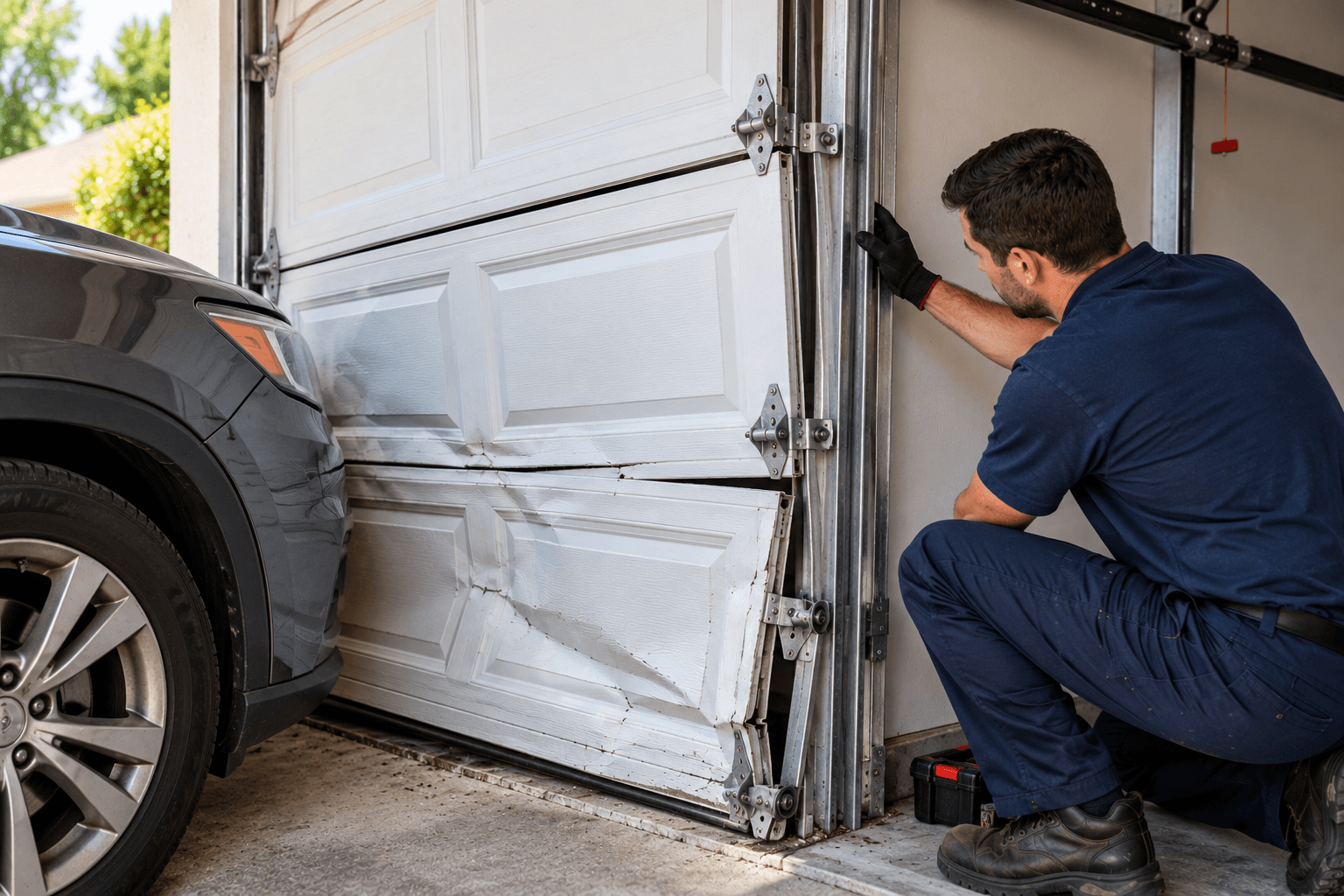 Garage door panel damaged by vehicle impact with affected tracks rollers hinges and hardware in South Houston TX