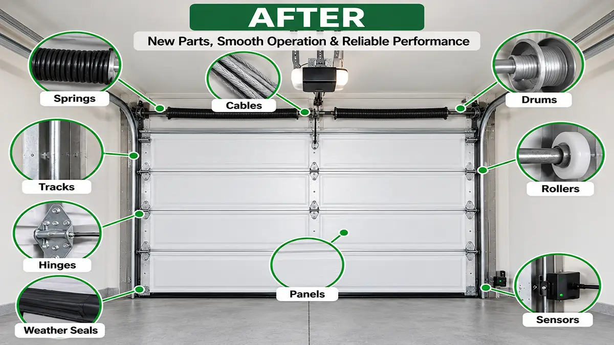 Garage door after replacement of springs cables drums tracks rollers hinges panels seals opener hardware and sensors in South Houston TX