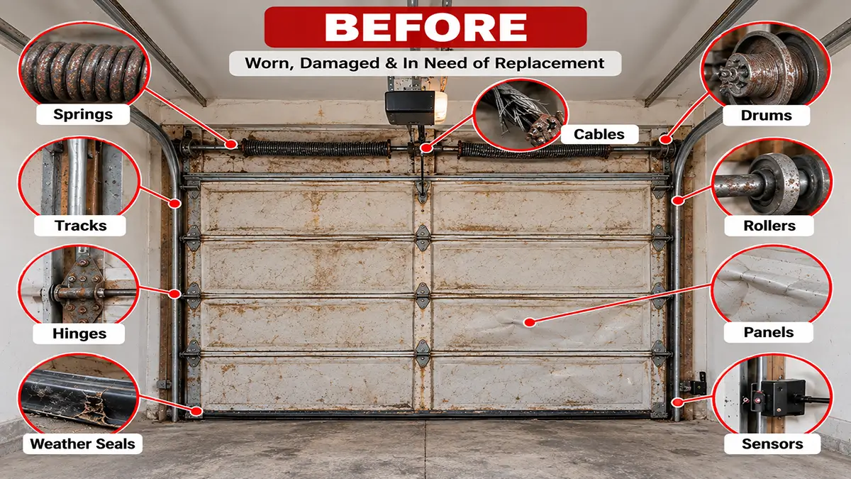 Garage door before repair with worn springs cables drums tracks rollers hinges damaged panels seals and hardware in South Houston TX