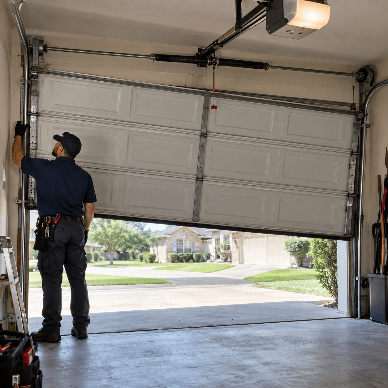 Garage Door Repair South Houston TX technician inspecting a crooked garage door with uneven lifting