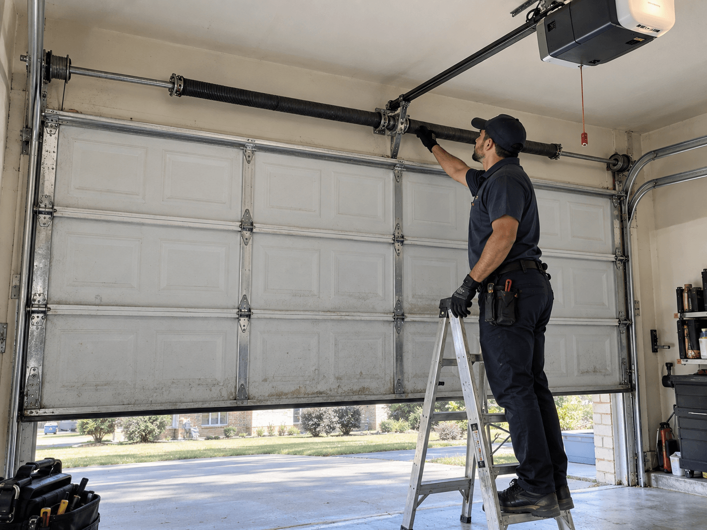 Garage Door South Houston TX technician inspecting garage door springs tracks cables rollers and opener system