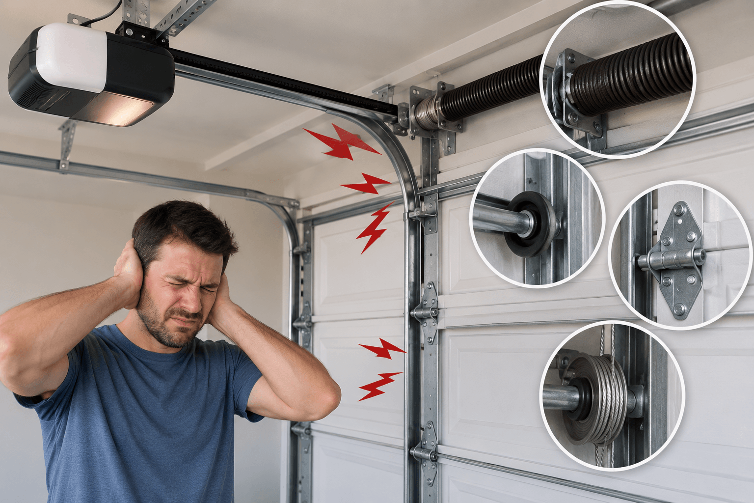 Noisy garage door with worn spring roller hinge track and cable components in South Houston TX