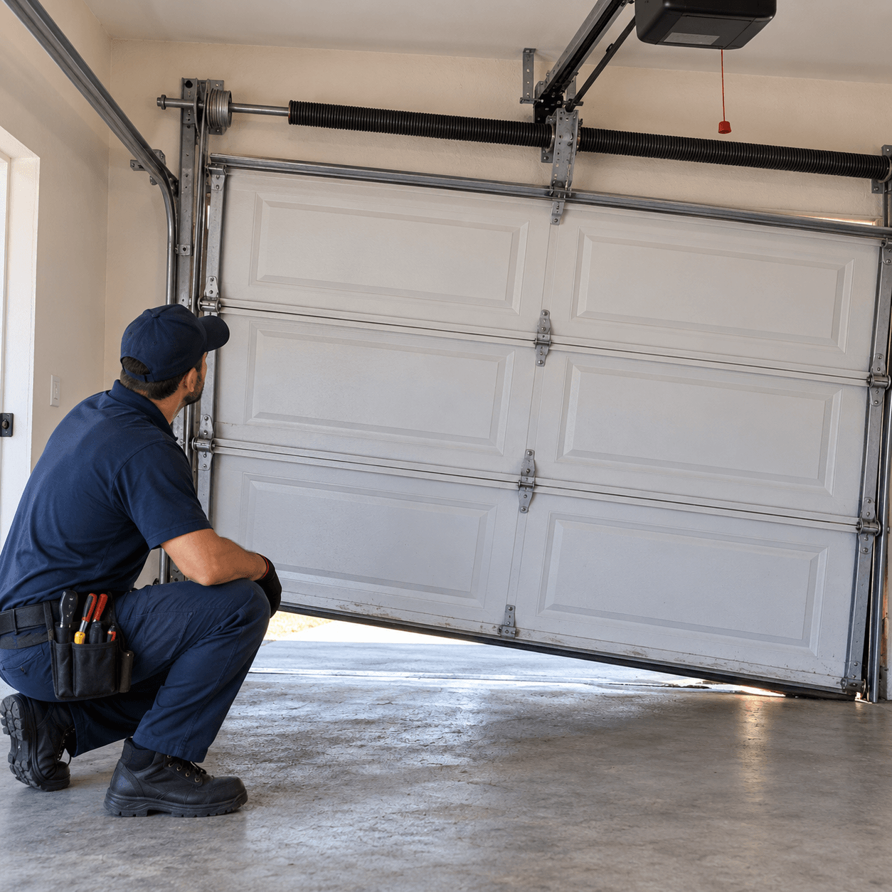 Garage Door Repair South Houston TX technician inspecting a stuck and uneven garage door