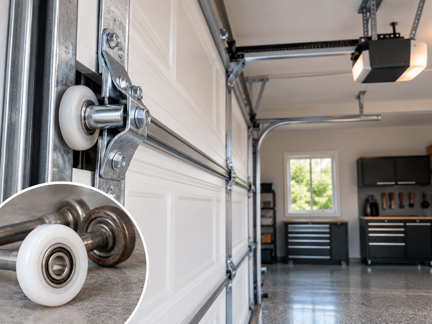 Quiet residential garage door operation with nylon rollers, tracks and opener components in South Houston TX