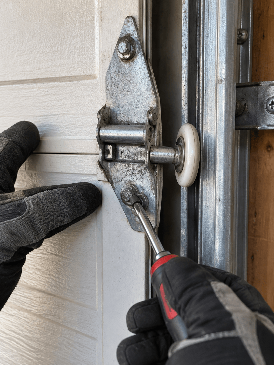 Garage door hinge and roller fixture inspection on sectional door panels in South Houston TX