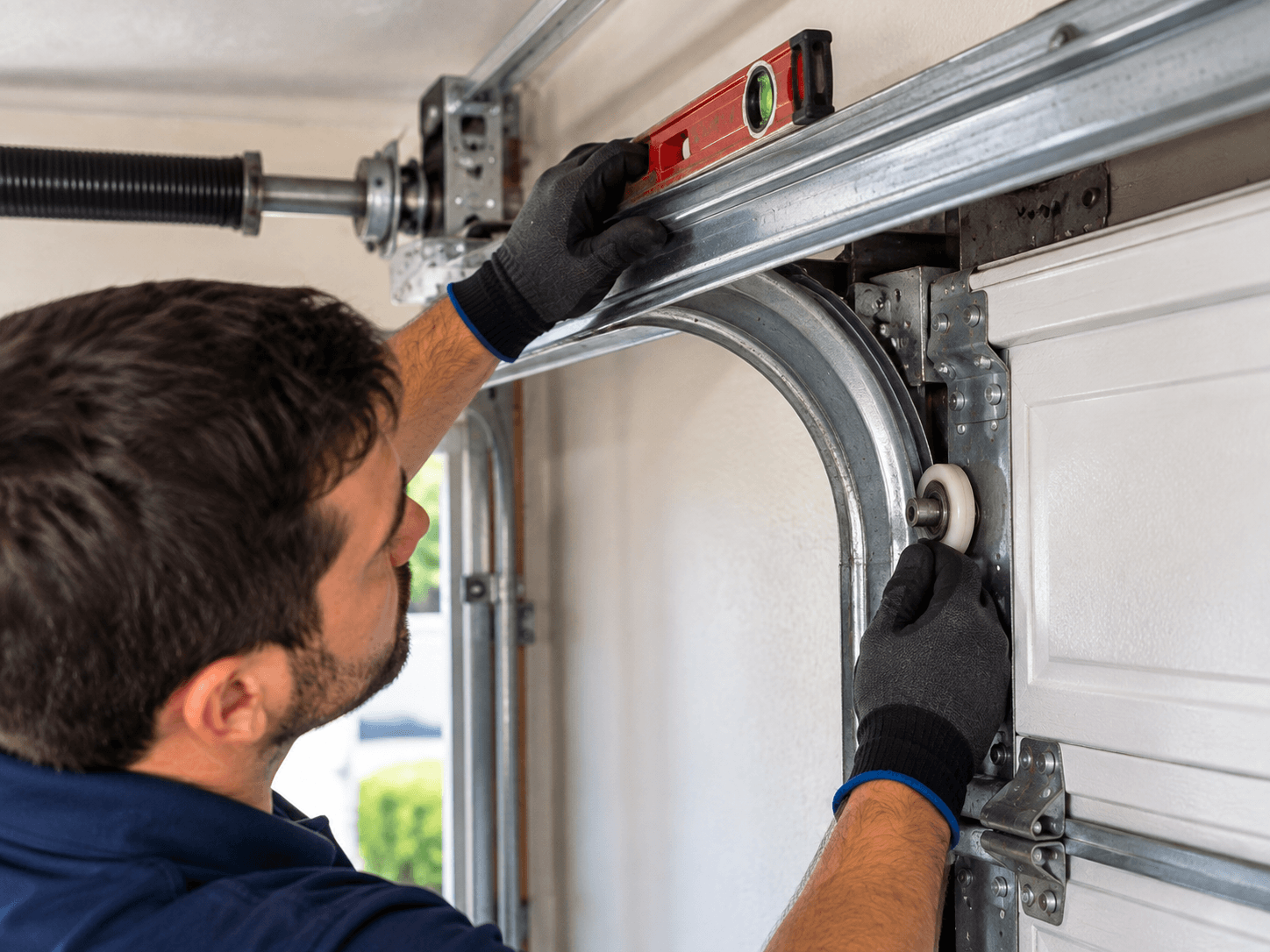 Garage door roller and track alignment inspection to prevent premature roller wear in South Houston TX