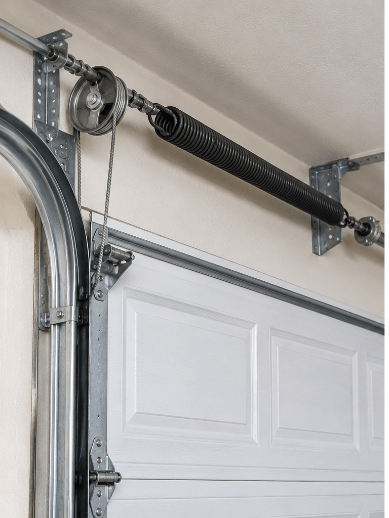Garage Door Spring Repair South Houston TX extension springs mounted near horizontal garage door tracks