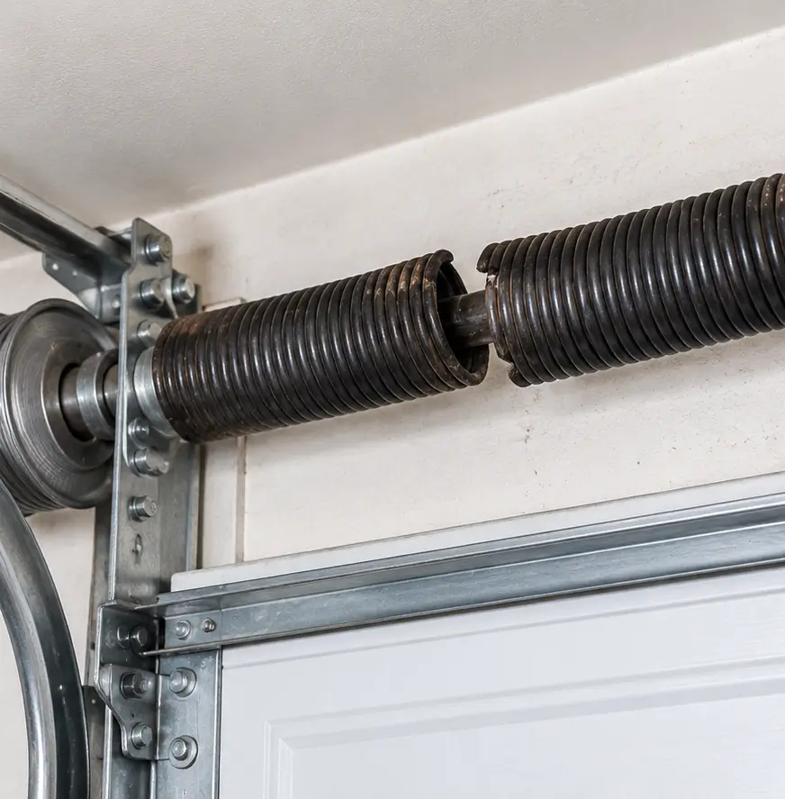 Crooked and unbalanced garage door before broken spring repair in South Houston TX