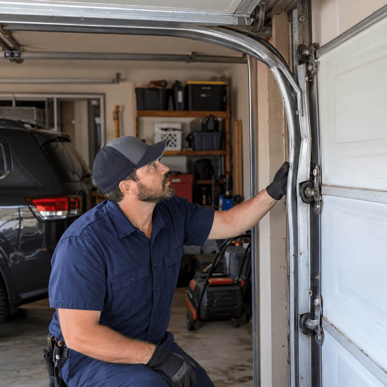 Bent garage door track causing roller travel problems and requiring track repair in South Houston TX