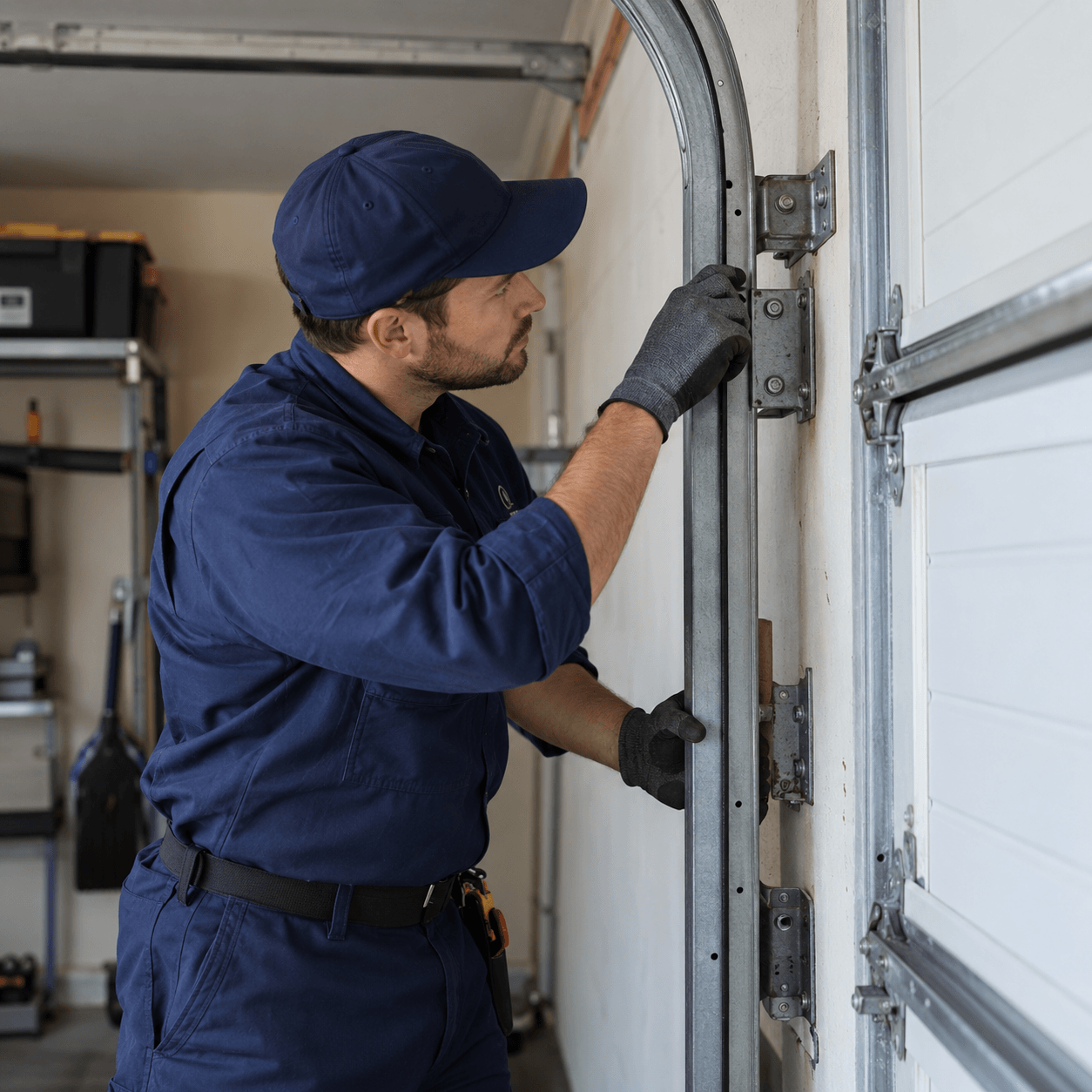 Loose garage door track brackets and fasteners causing track misalignment in South Houston TX