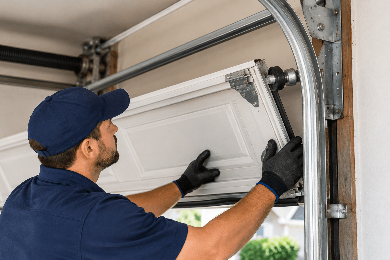Off-track garage door with roller out of the track in South Houston TX